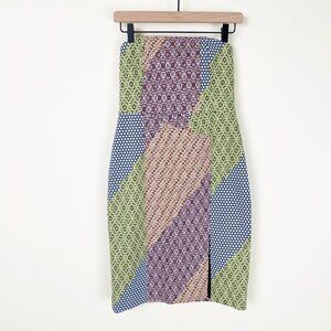 Kate Spade Patchwork Print Mini Midi Dress Cocktail Slit Strapless Wedding Guest